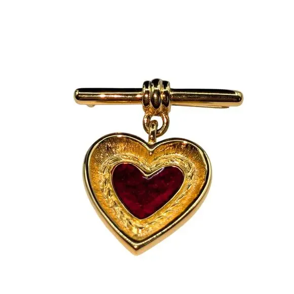 Vintage Signed FO Red Enamel Gold Tone Heart Dangle Brooch - Picture 4 of 5